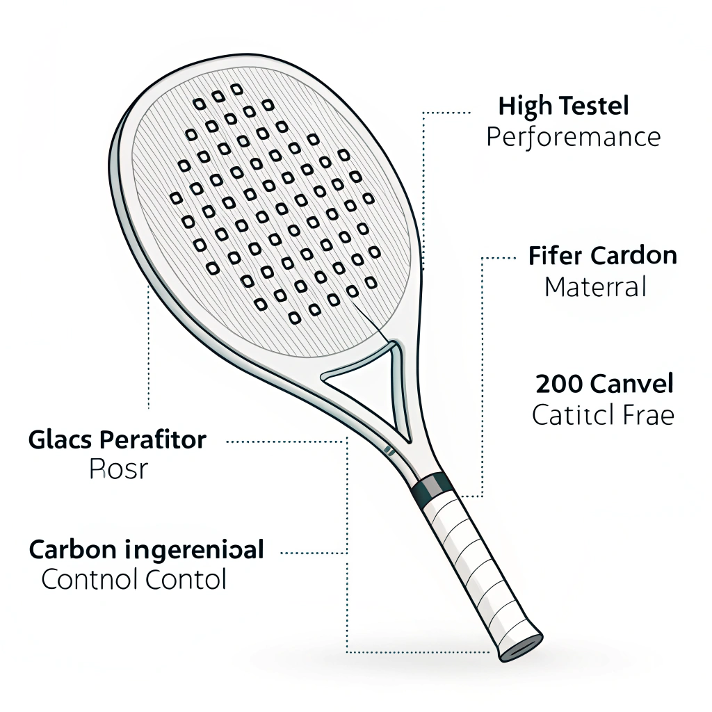 Minimalist 2D padel racket with layered advanced materials and precision details