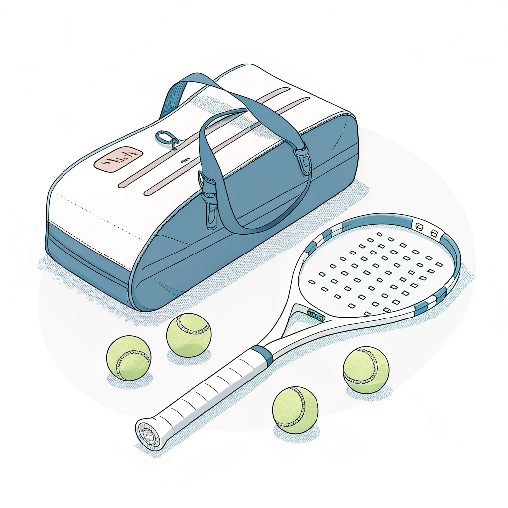 minimalist 2D illustration showing a bundled padel racket, grip, and balls
