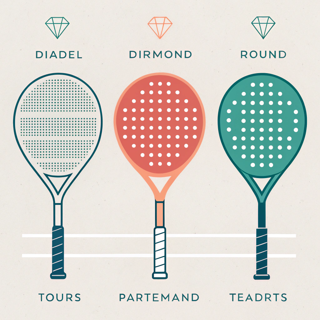 A simple 2D illustration showing diamond, round, and teardrop padel racket shapes in flat style.