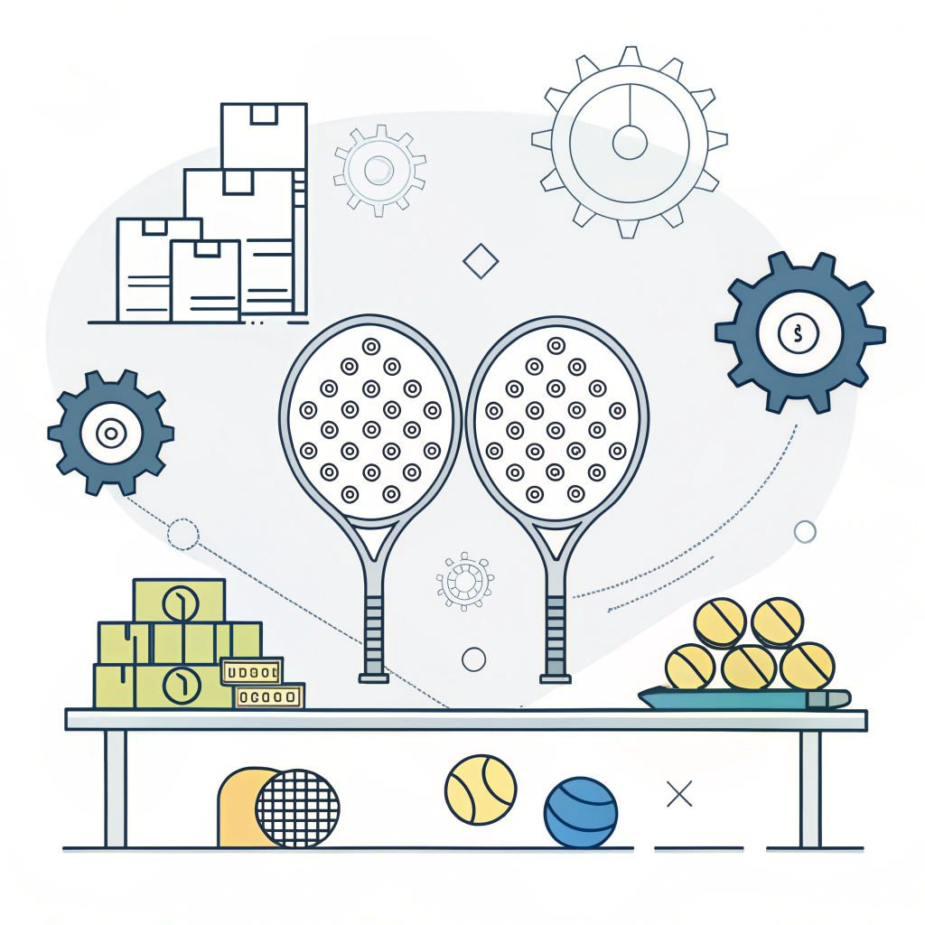 Minimal 2D illustration depicting padel rackets and abstract production elements for brand scaling.