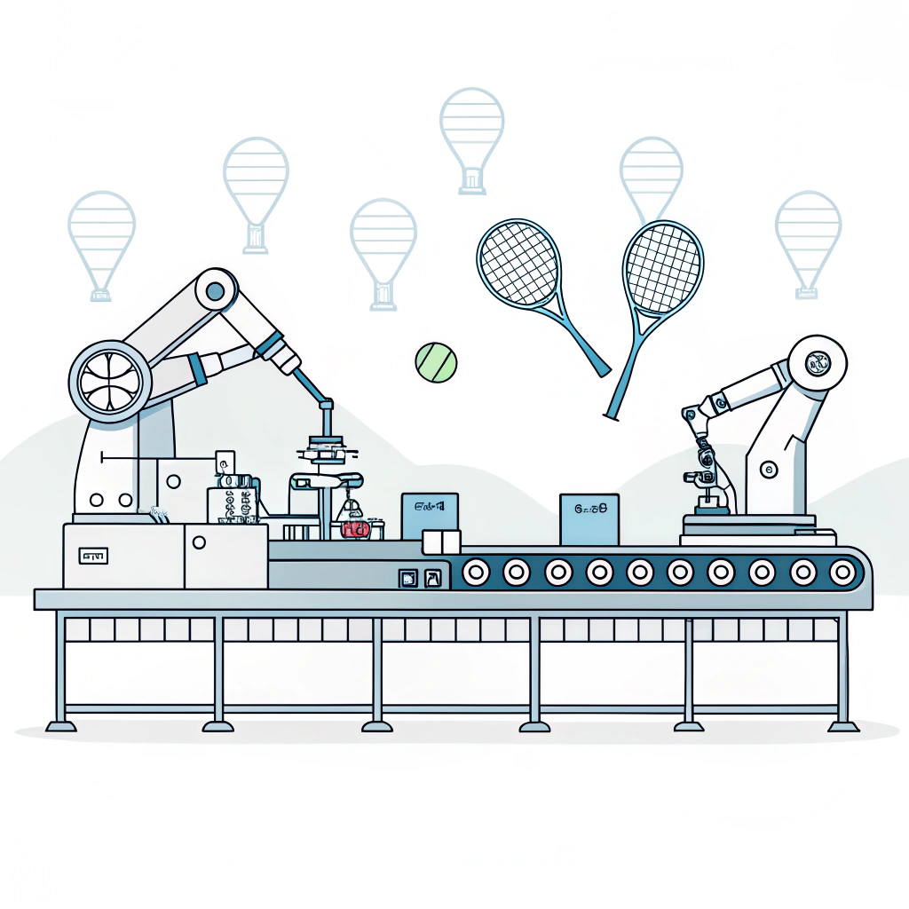 Minimalist flat design of a production line with robotic arms and padel rackets in a simplified style.