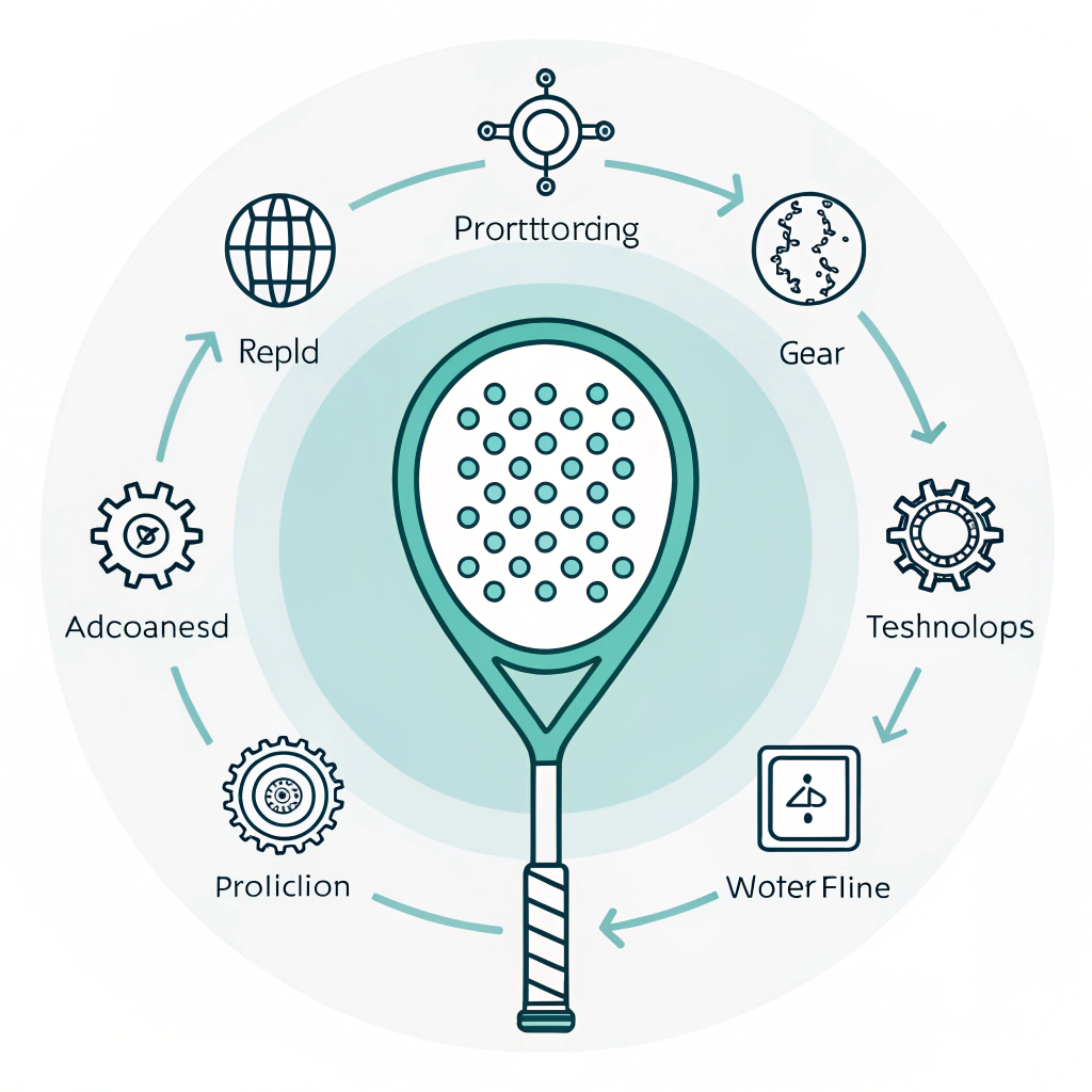 Minimalist flat design featuring a teardrop padel racket with icons of rapid prototyping and advanced molding techniques