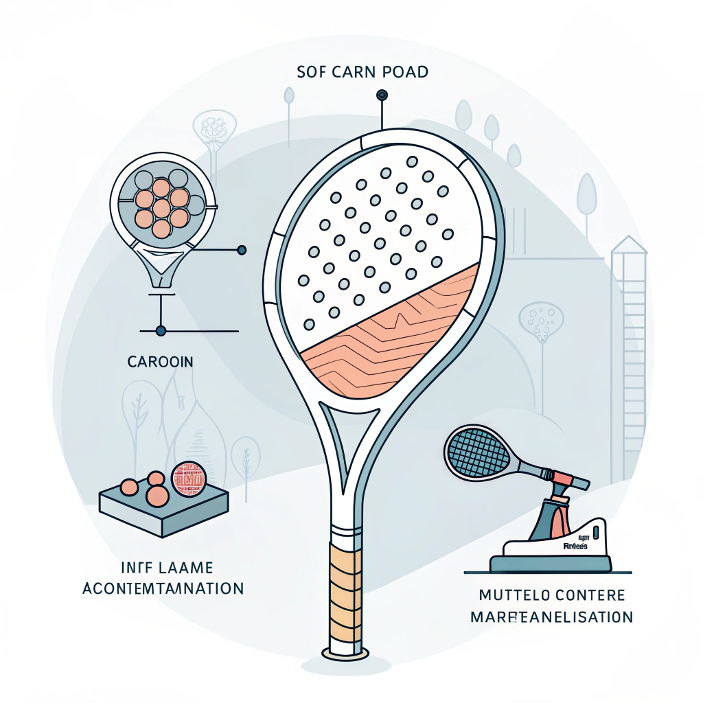 Minimalist 2D illustration showing layered foam, carbon fiber, and glass fiber textures in a padel racket core.