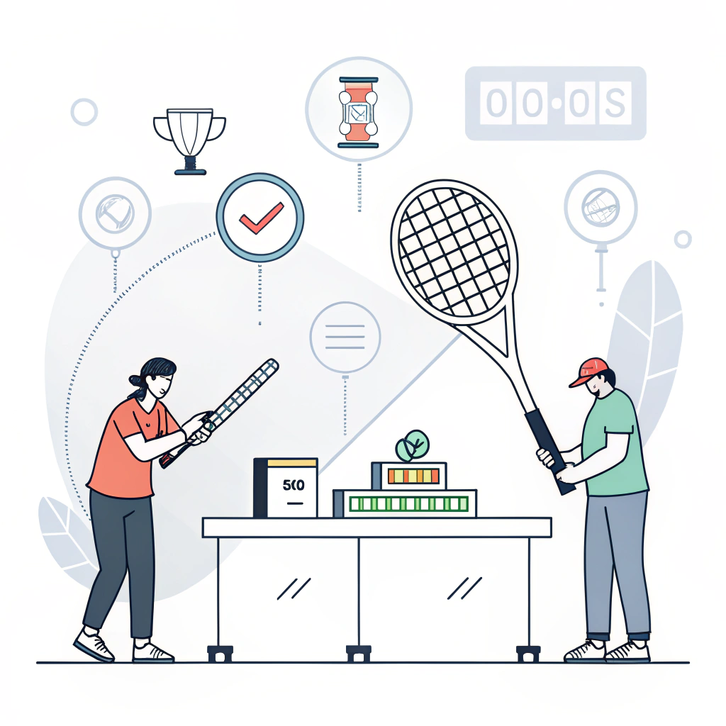 A minimalist 2D illustration showcasing automated quality control and sensor testing in padel racket production.
