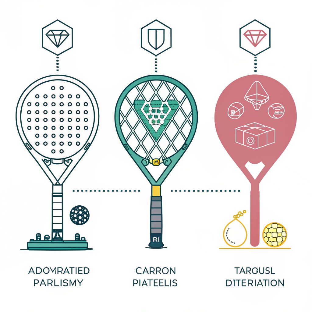 Minimalist 2D artwork featuring padel rackets, geometric shapes, and production symbols.