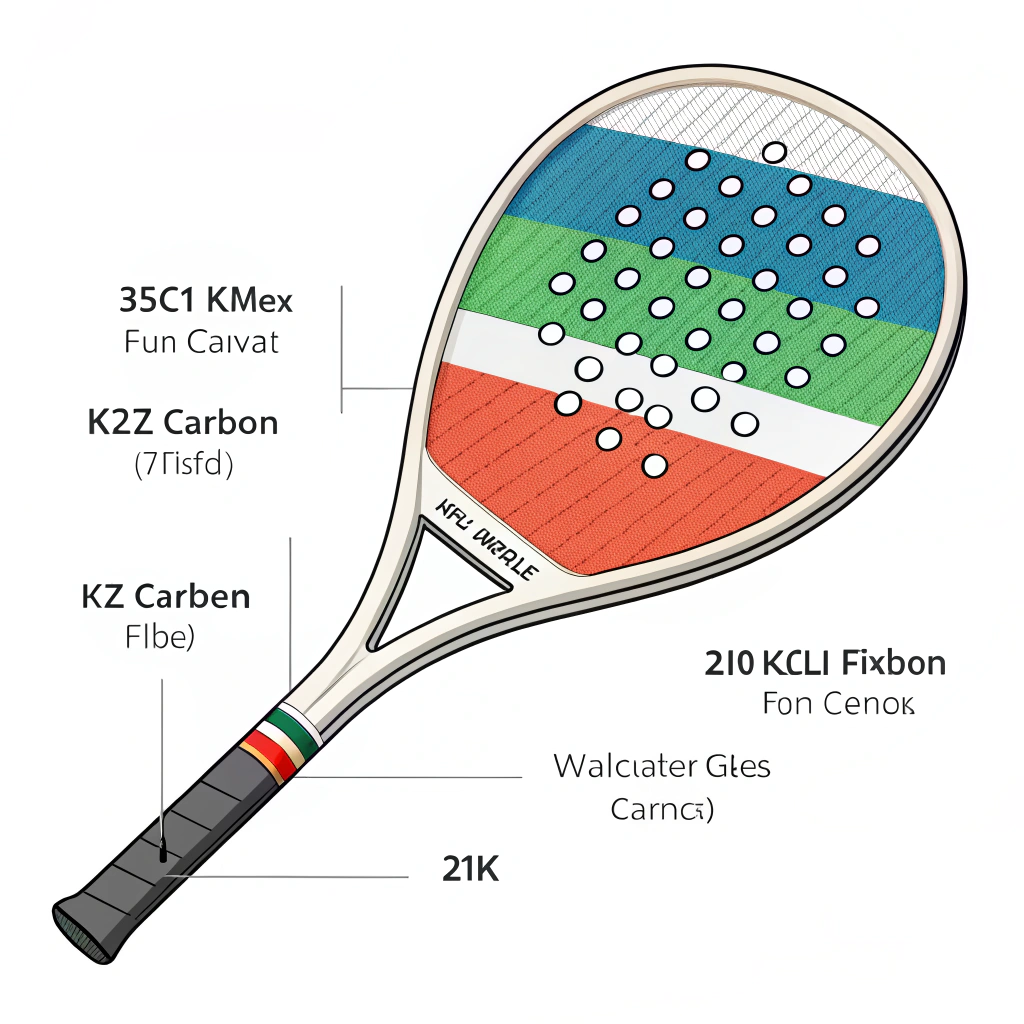 simplified 2D diagram of padel racket layers showing carbon fiber and fiberglass integration