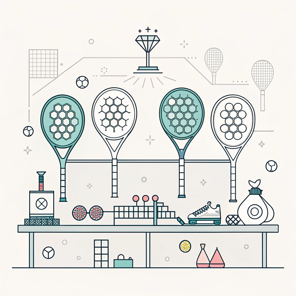 Minimal illustration of custom padel rackets on an assembly line.