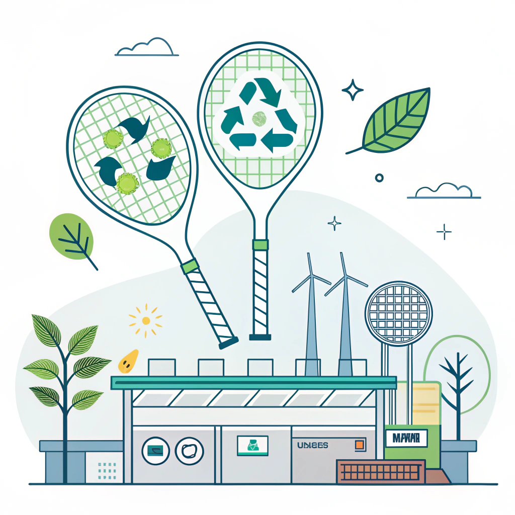 "Minimalist digital art of sustainable padel racket manufacturing with green elements."