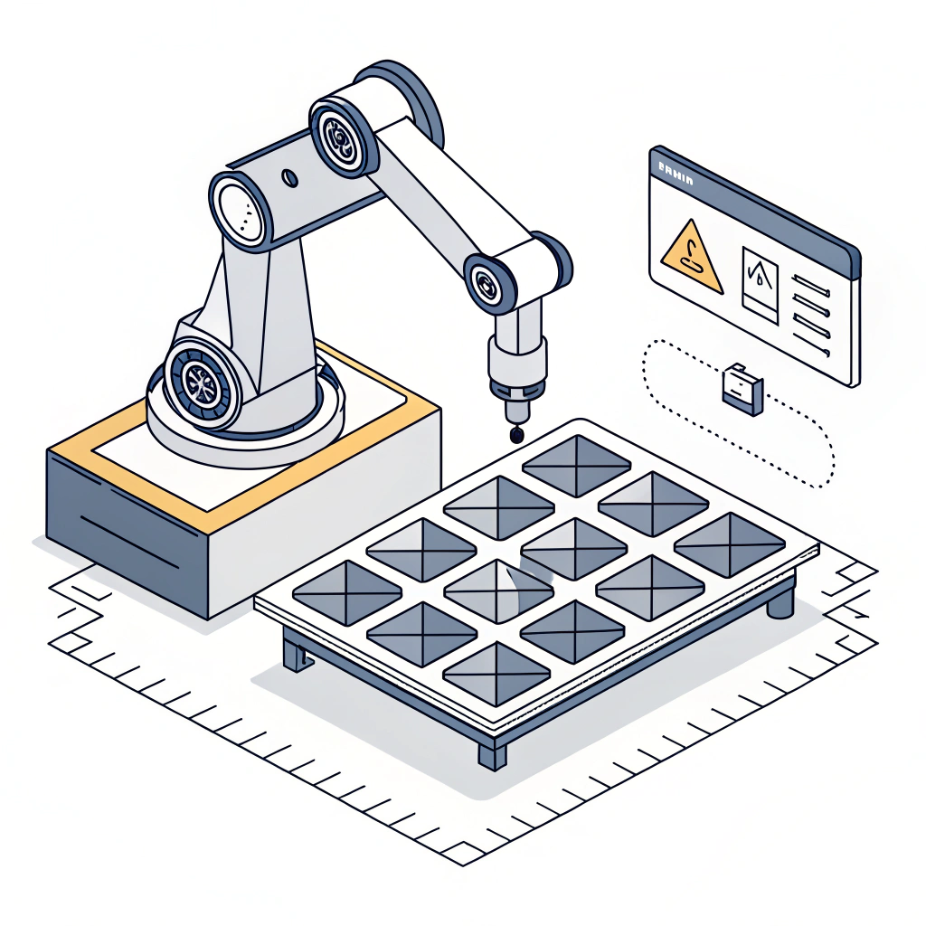 "2d minimalist depiction of a robotic arm layering carbon fiber on a mold in a modern style"