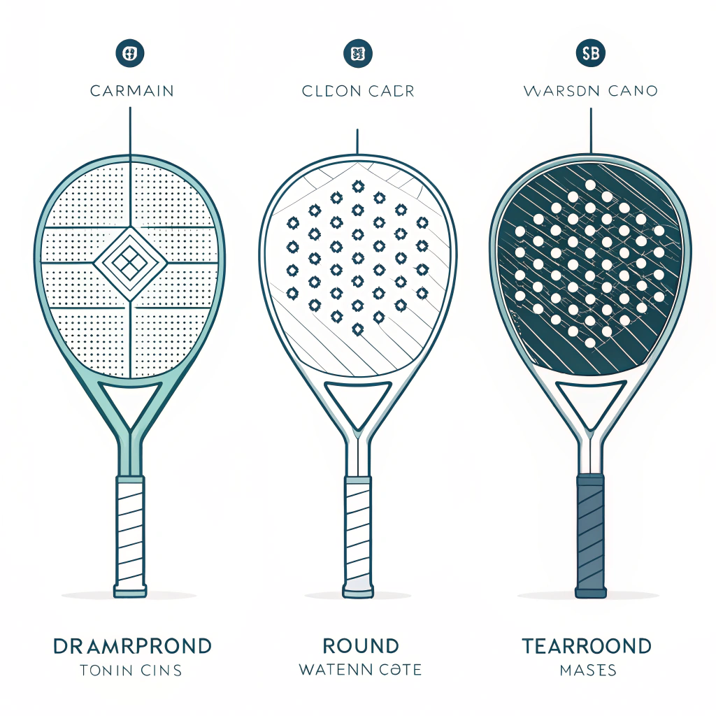 2D minimalist illustration of three padel rackets with carbon fiber details