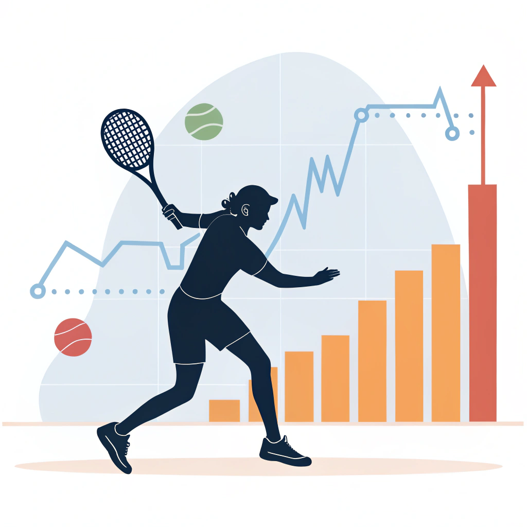 Minimal 2D illustration of a padel player with abstract performance graphics