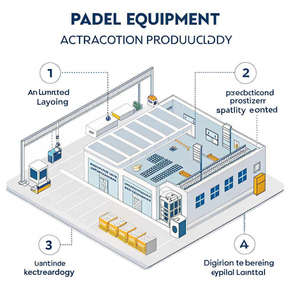Simplified 2D illustration of advanced padel equipment factory with digital quality control