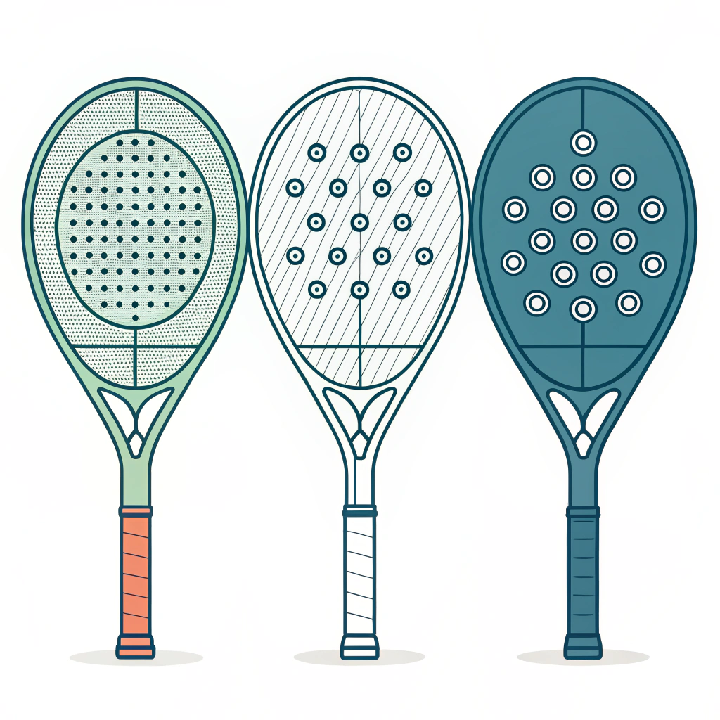 Minimalist 2D illustration of three different padel racket designs