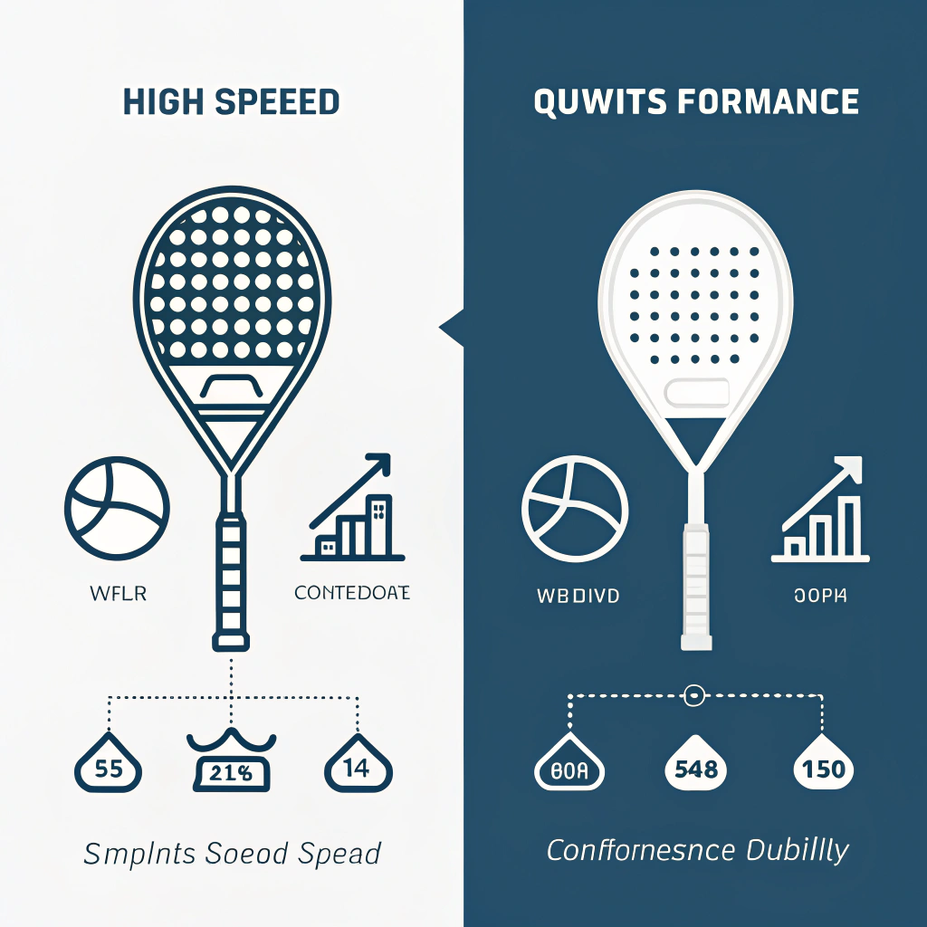 Flat design comparison of standard and customized padel rackets with simple performance icons