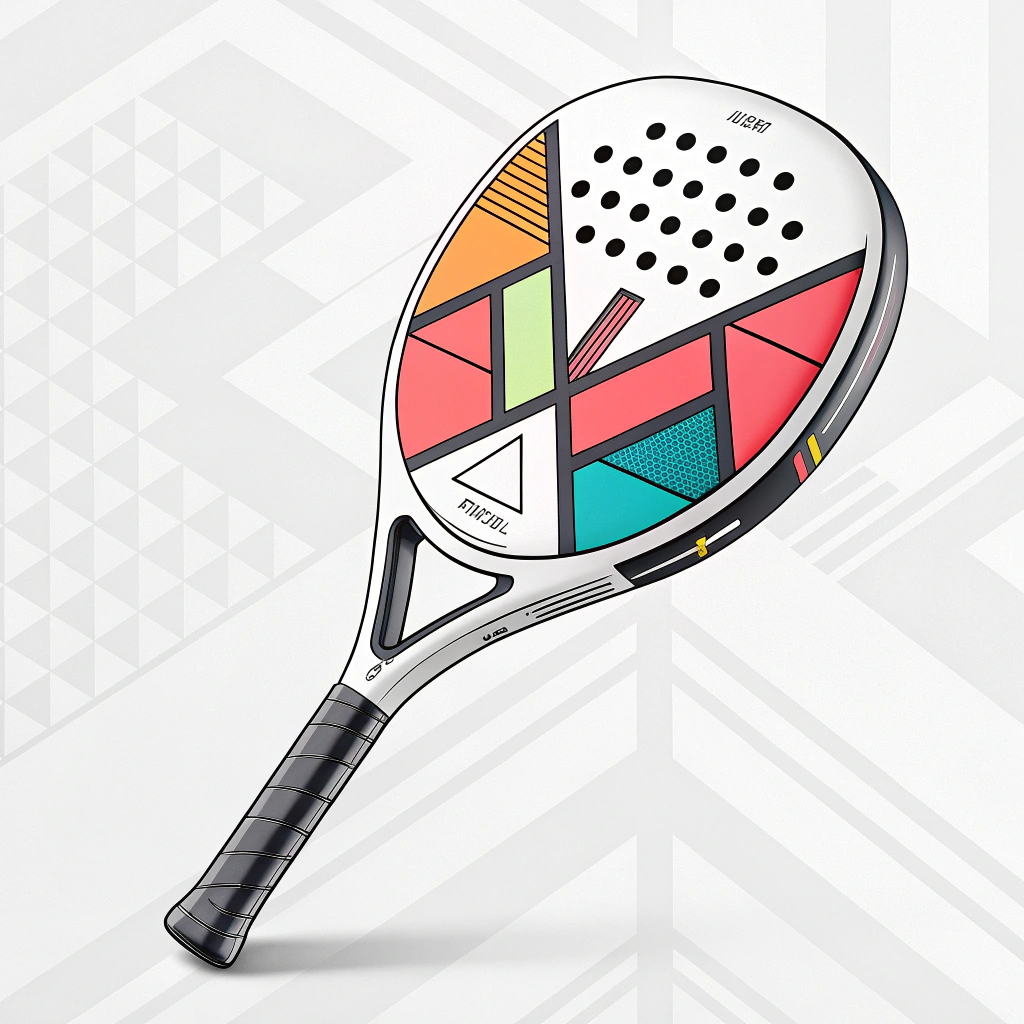 Minimalist 2D illustration of a vibrant, dynamic padel racket in clean design.