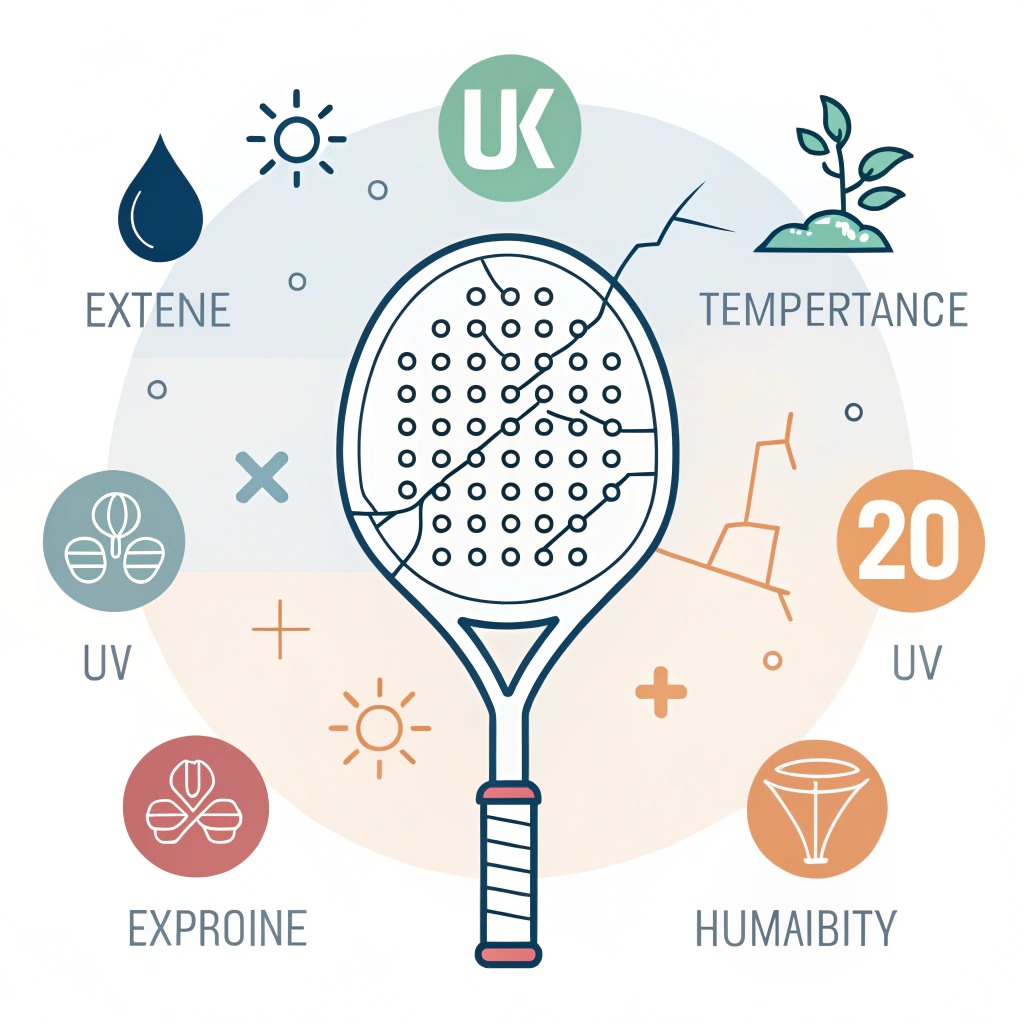 Minimal flat art depicting a padel racket affected by environmental damage and deterioration