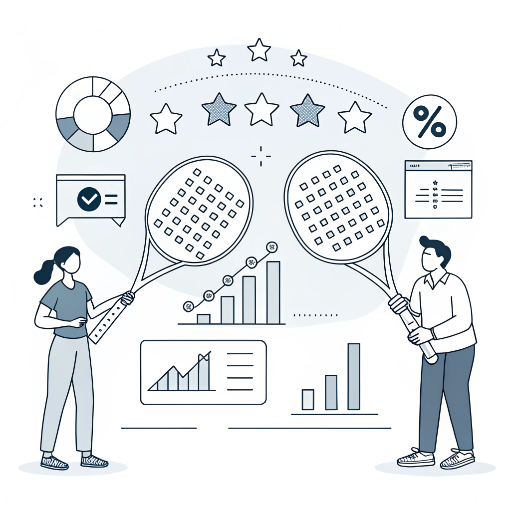 Minimal vector illustration of padel rackets with business evaluation icons in flat style.