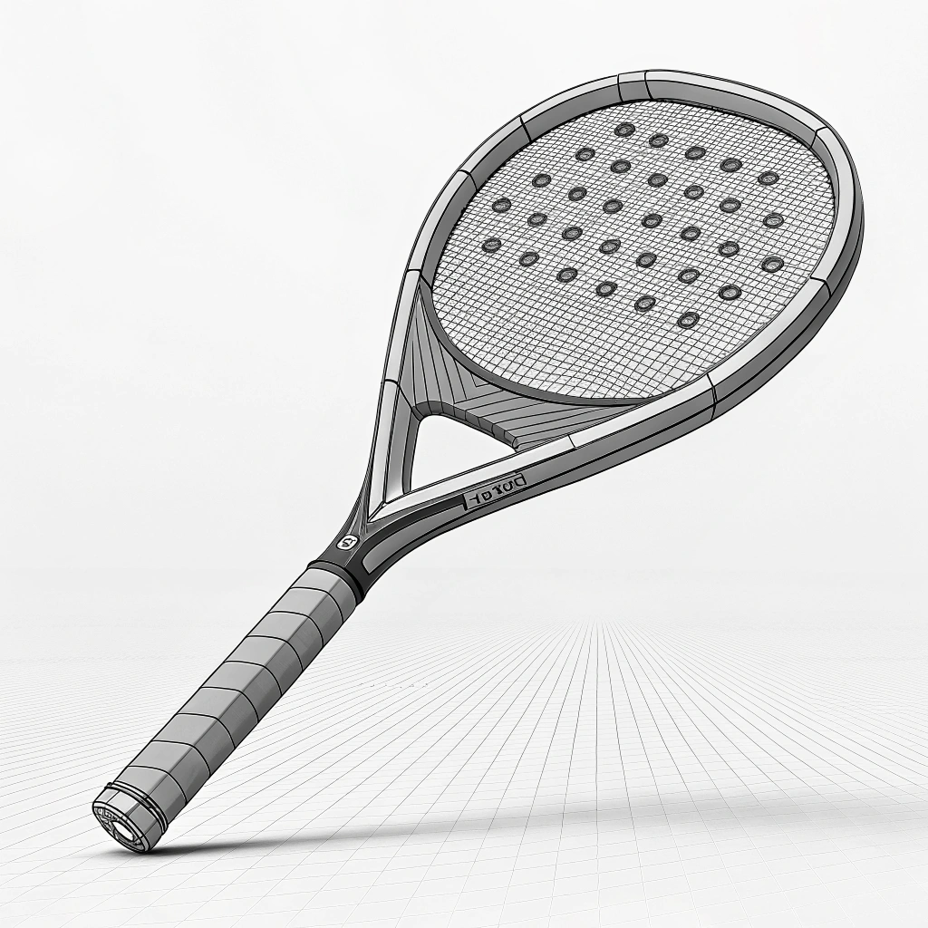 "2d illustration of a sleek padel racket with visible carbon fiber weave in minimalist style"