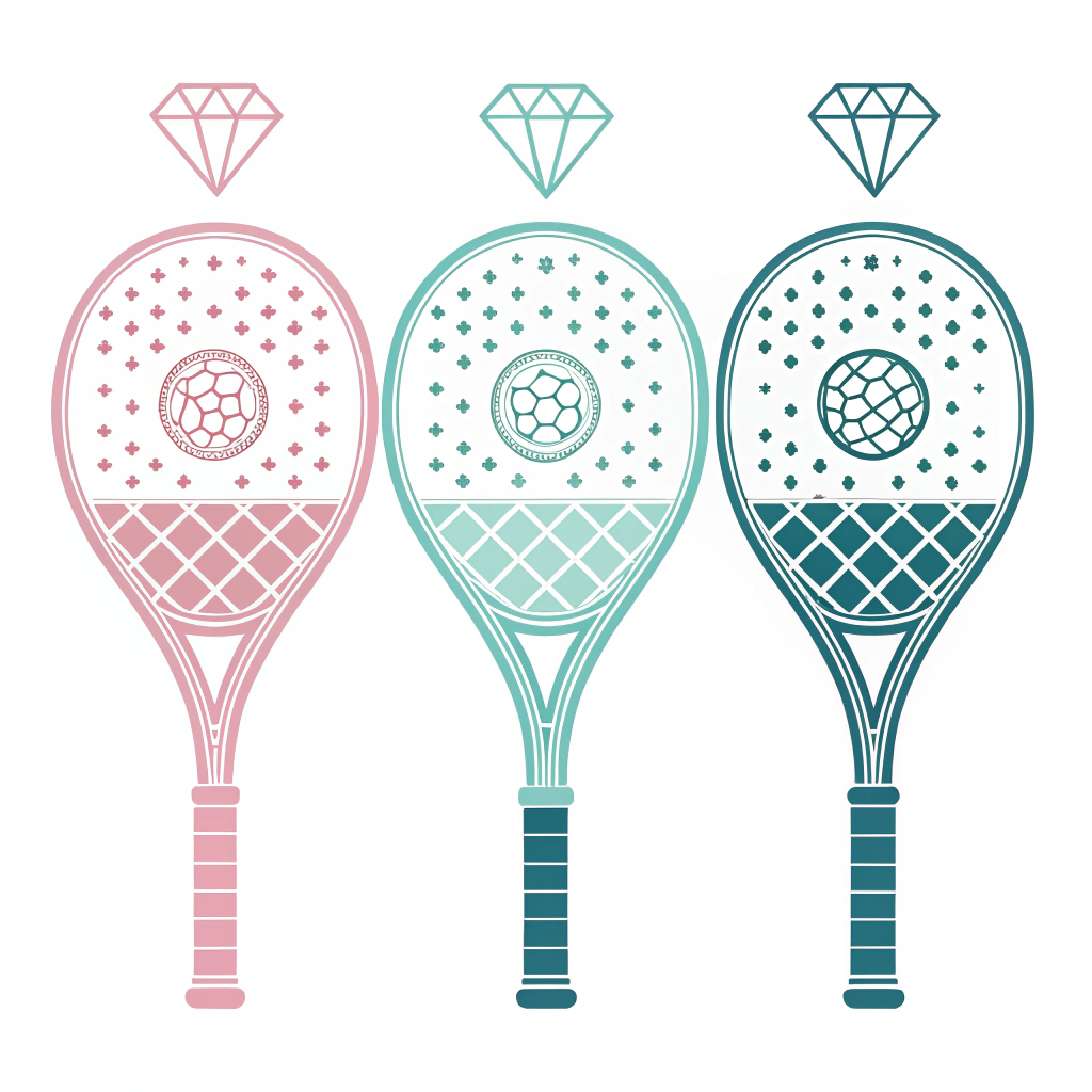 A minimalist illustration of three different padel racket designs displaying diamond, round, and teardrop shapes in a clear, simple style