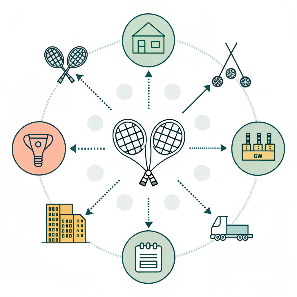 Flat illustration of interconnected supply chain elements in padel production