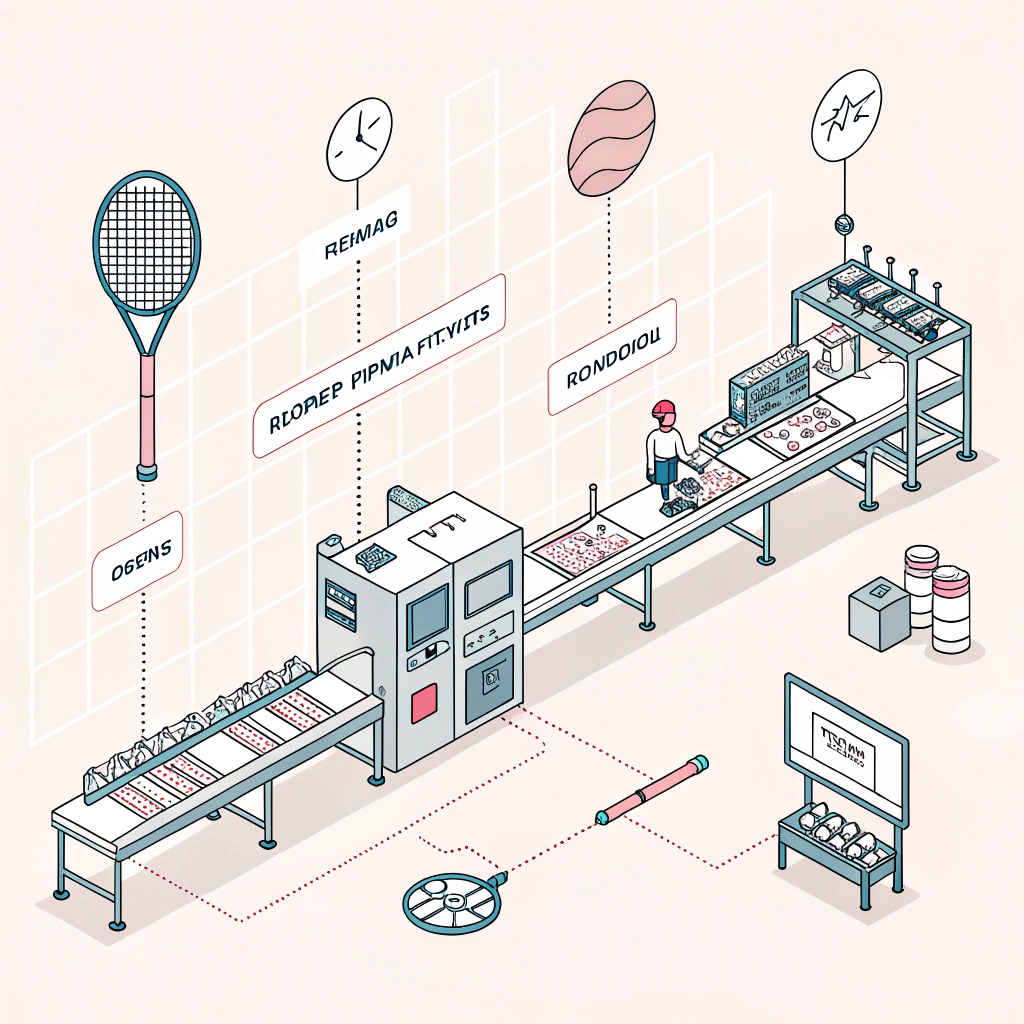 Minimal 2D illustration of a padel racket production process with prototype testing elements