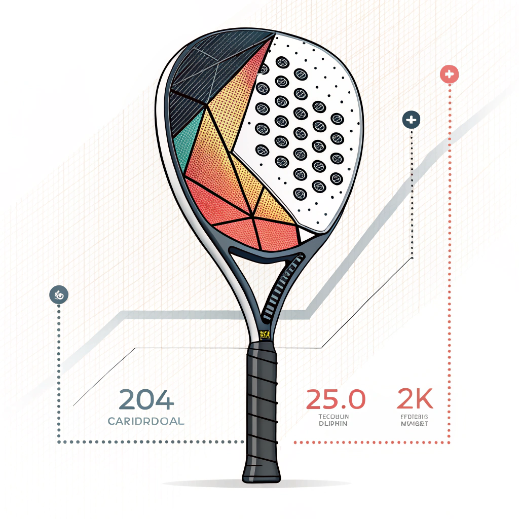 Minimalist 2D illustration of a custom diamond-shaped padel racket made with carbon fiber elements