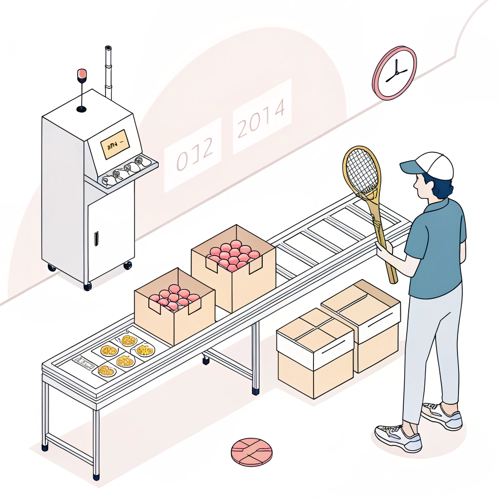 Flat style image of quality inspection and packaging in padel racket manufacturing.