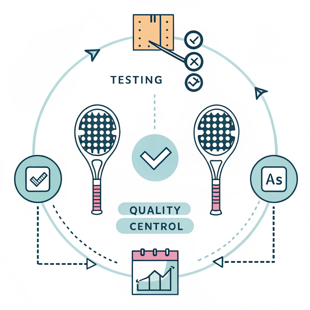 Clean 2D illustration of padel racket testing with abstract quality control icons.