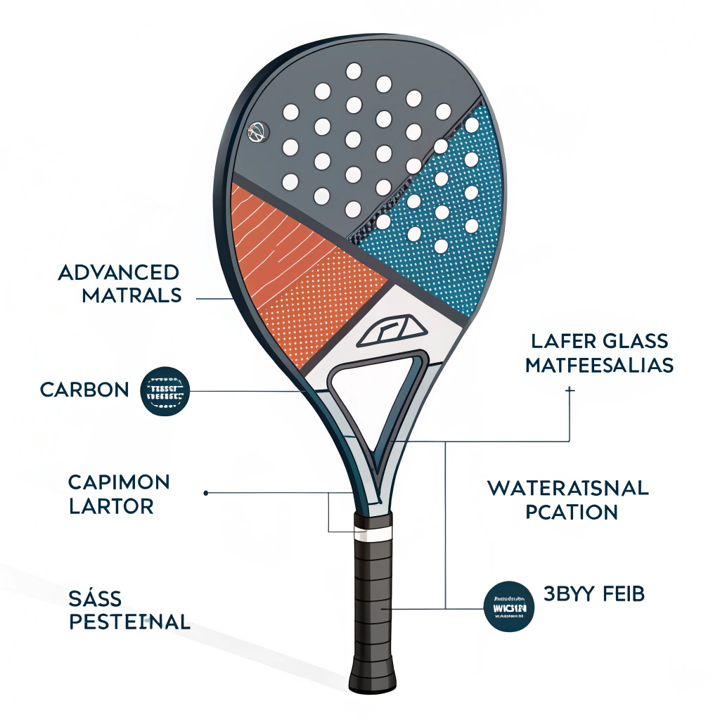 minimalist flat illustration showing carbon and glass fiber layers in a padel racket
