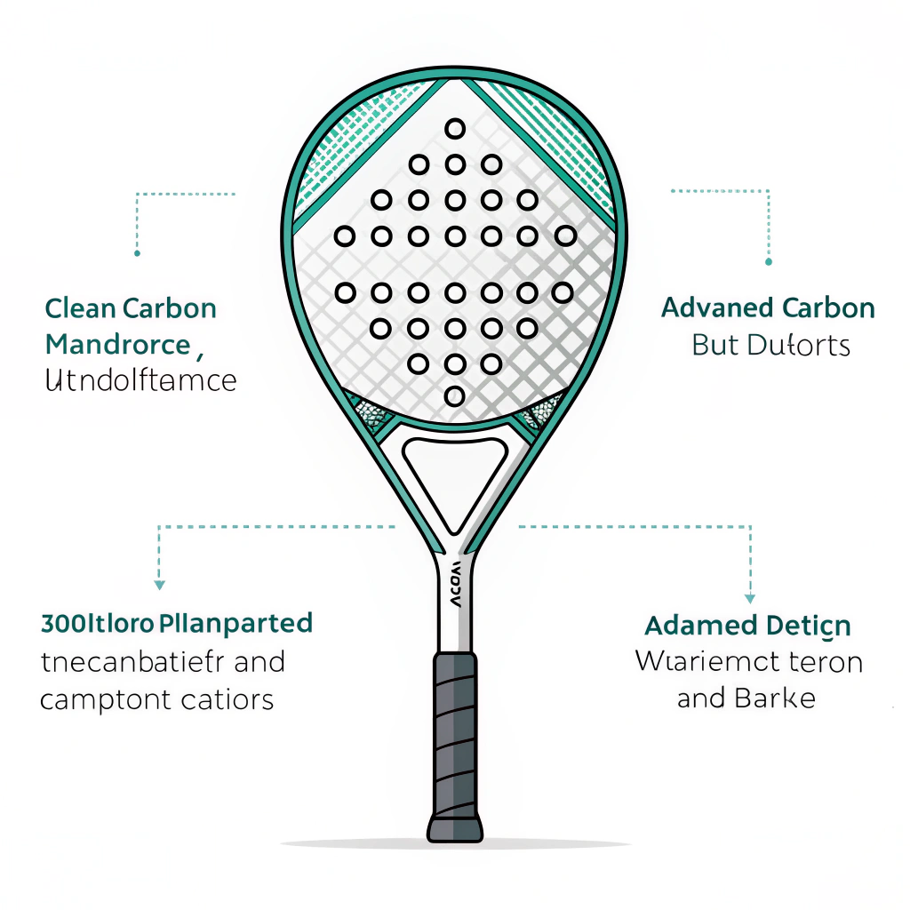 Minimal 2D illustration highlighting sleek padel racket design with modern innovation.