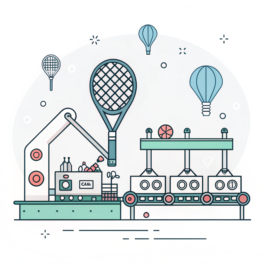 Minimal flat design illustration of advanced padel racket production in a modern factory setting.