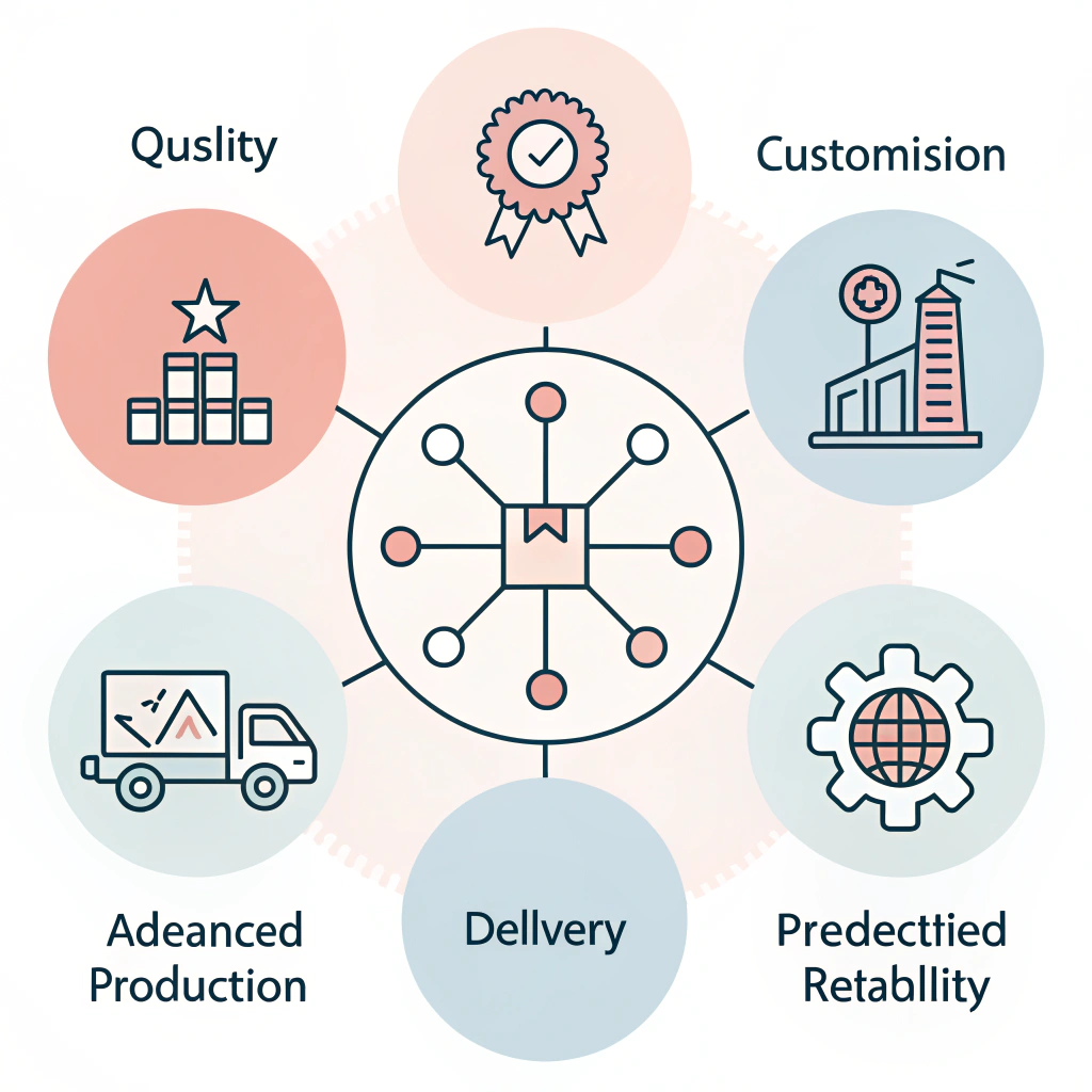 Flat design abstract illustration of manufacturing quality, customization, production, and delivery reliability