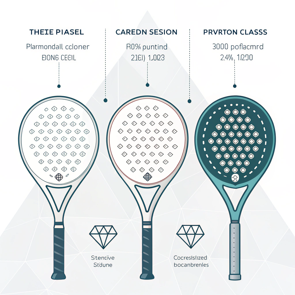 Minimal 2D illustration showing three distinct padel racket shapes with subtle fiber textures and abstract backgrounds.