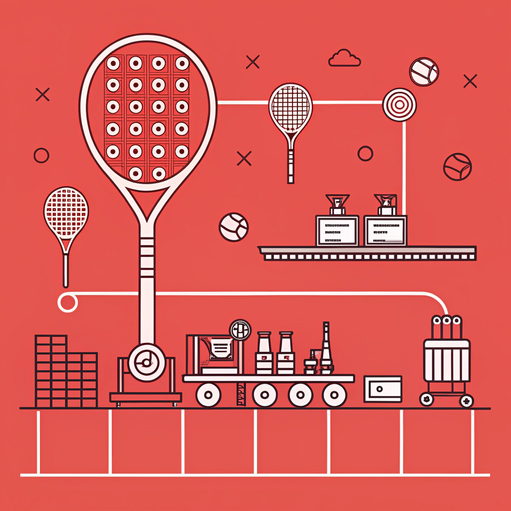 Minimalistic illustration of a modern padel racket manufacturing assembly line with clean geometric design