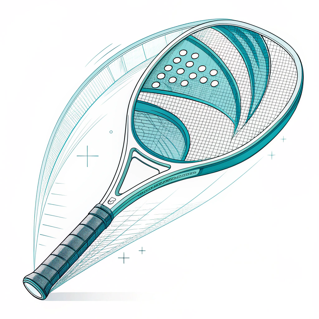 Minimalistic 2D illustration of futuristic padel racket design emphasizing performance and aerodynamics.