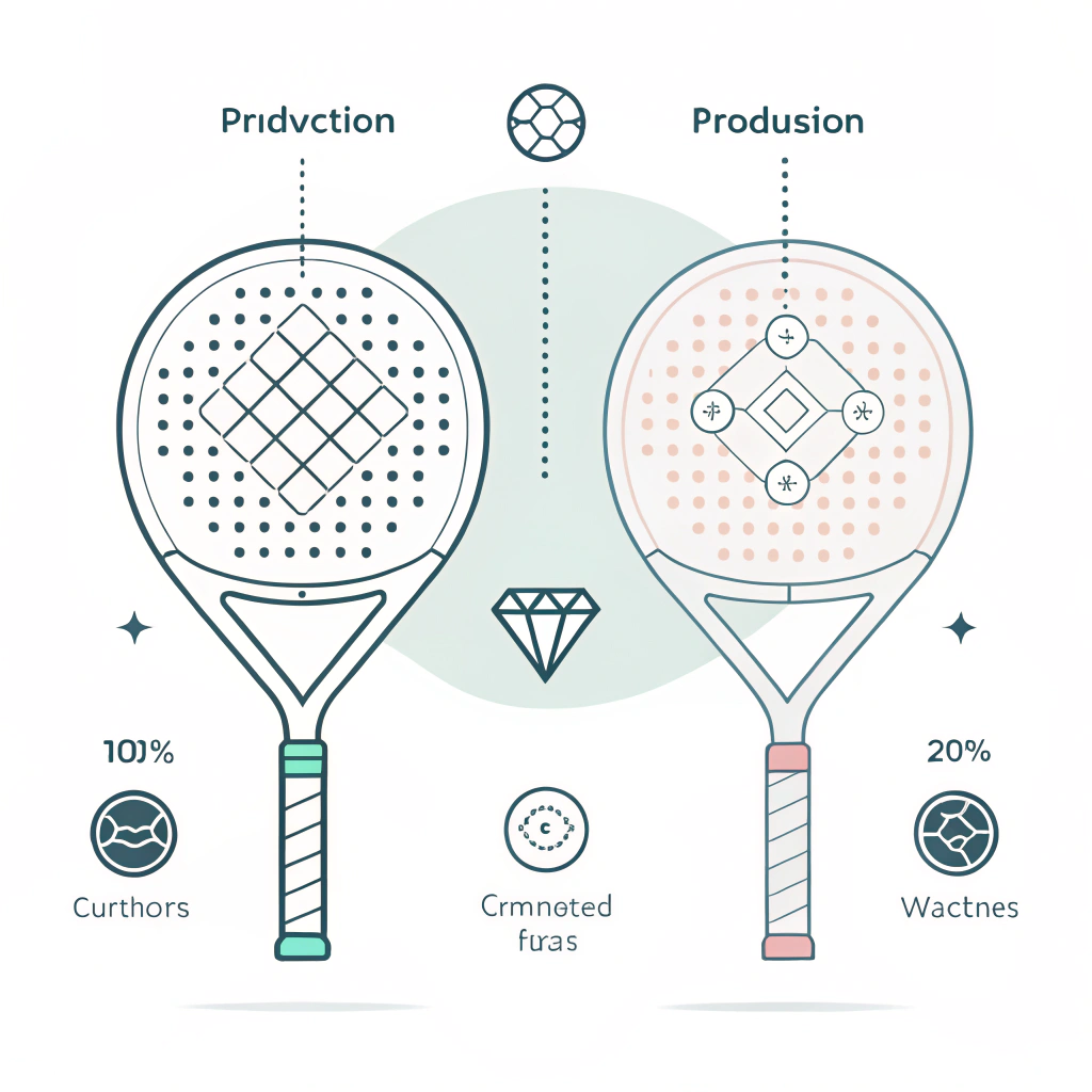 2D illustration comparing round and diamond padel rackets with production efficiency elements.