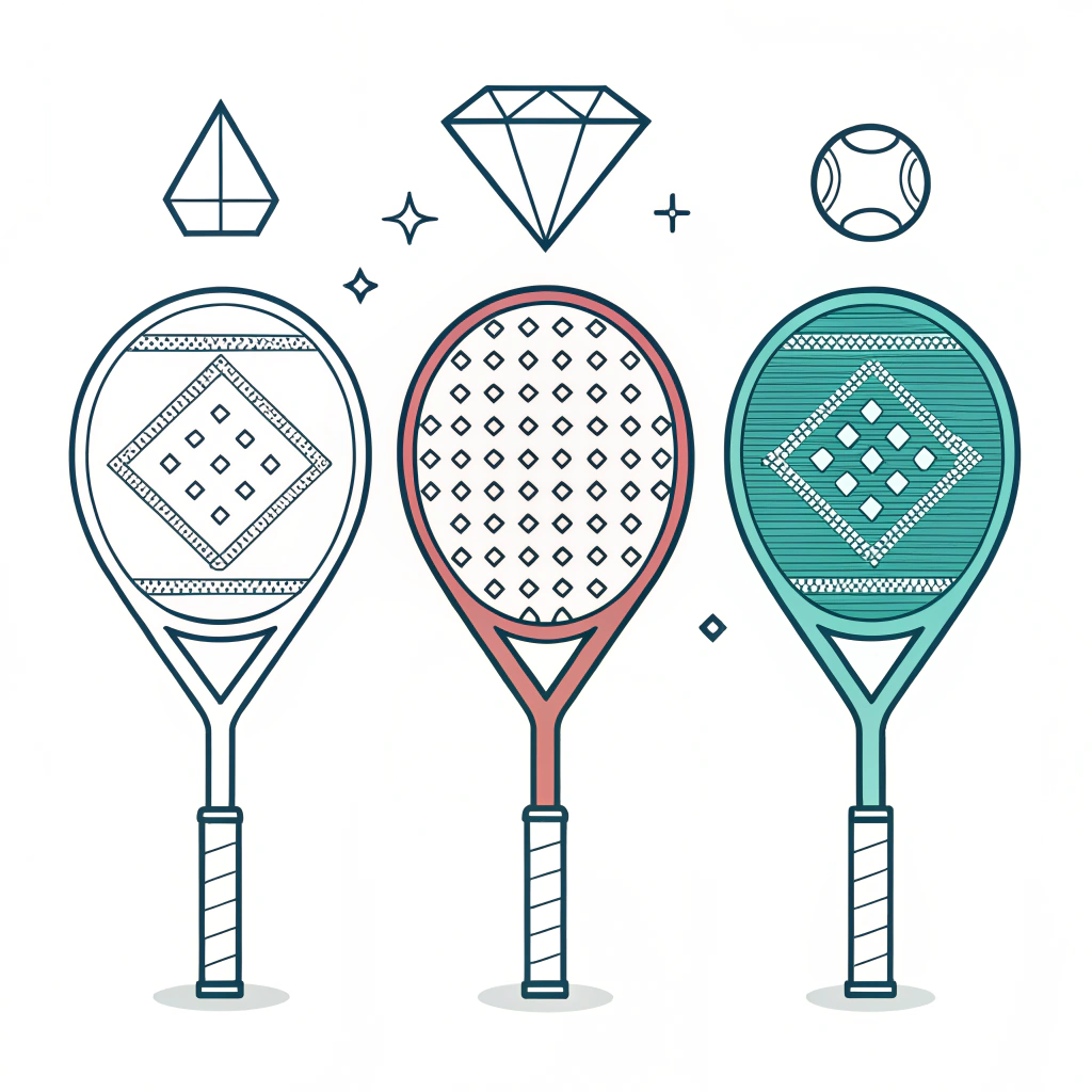 minimal illustration showing diamond, round, and teardrop padel rackets