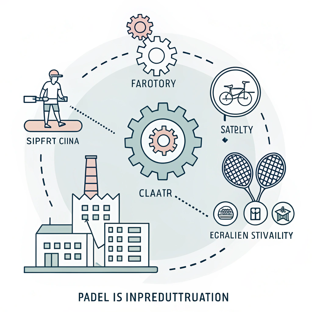 Flat design image showing factory, gears, and supply chain icons in padel production