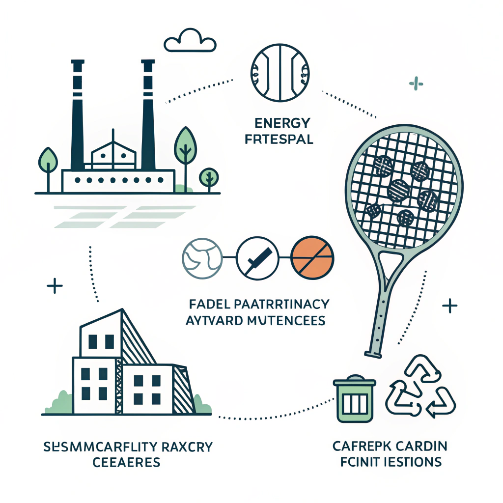 Minimal illustration highlighting environmental challenges in padel manufacturing with symbolic factory and waste elements