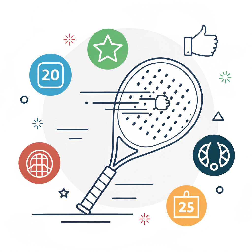 Minimalist padel racket with dynamic delivery icons in 2D flat style