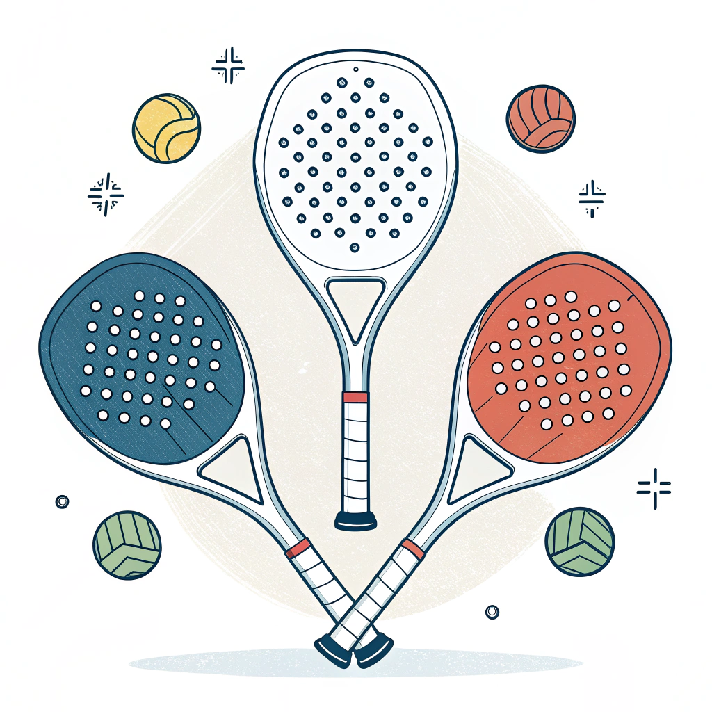 Minimalist 2D illustration of innovative, custom designed padel rackets in dynamic arrangement