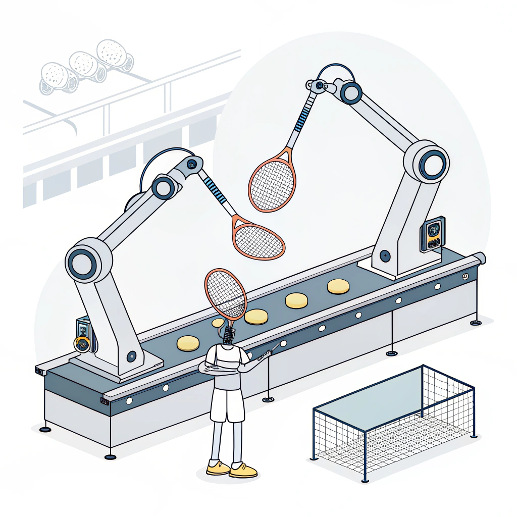 Minimalist illustration of a robotic production line assembling carbon fiber padel rackets.