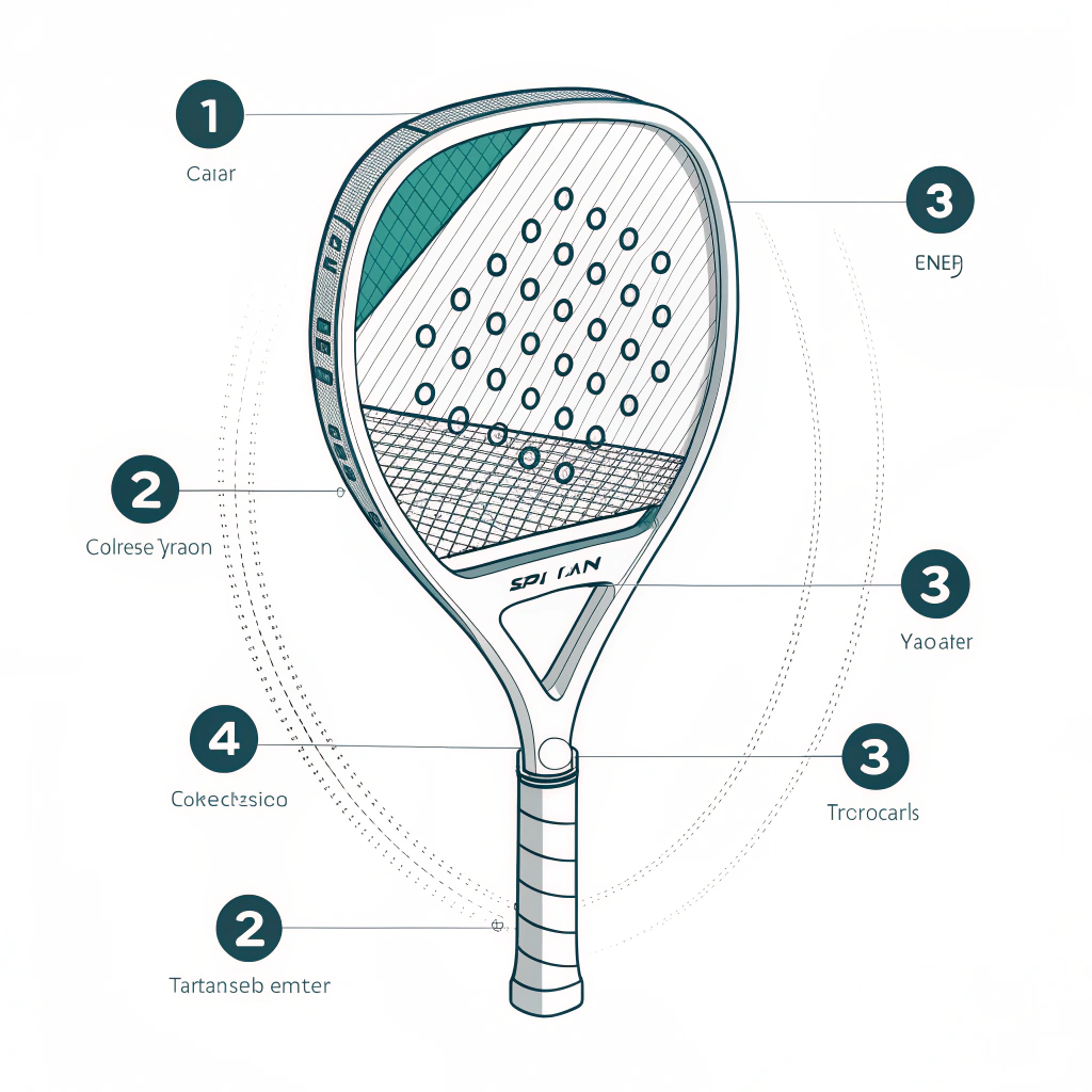 2D minimalist exploded view of a padel racket showing layered composite details