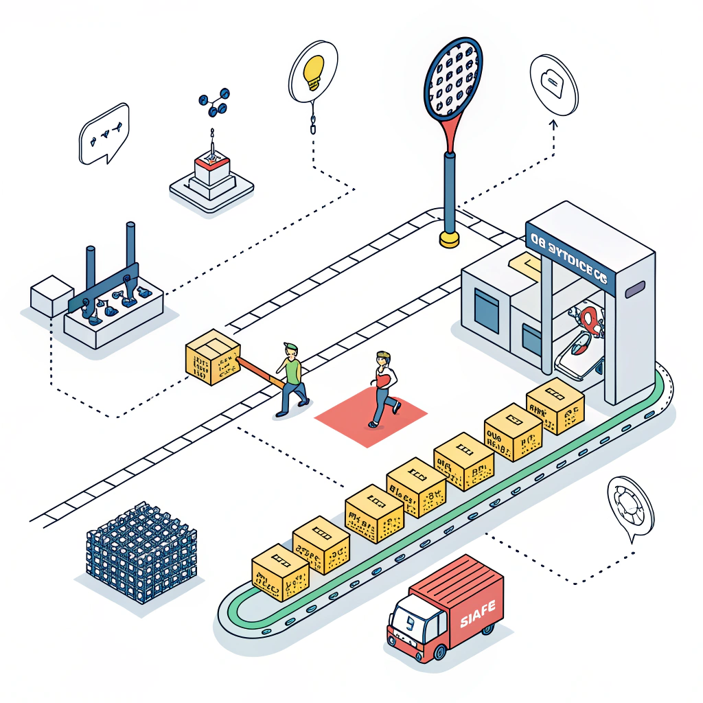 Minimalist 2D illustration of advanced padel production and integrated supply chain elements