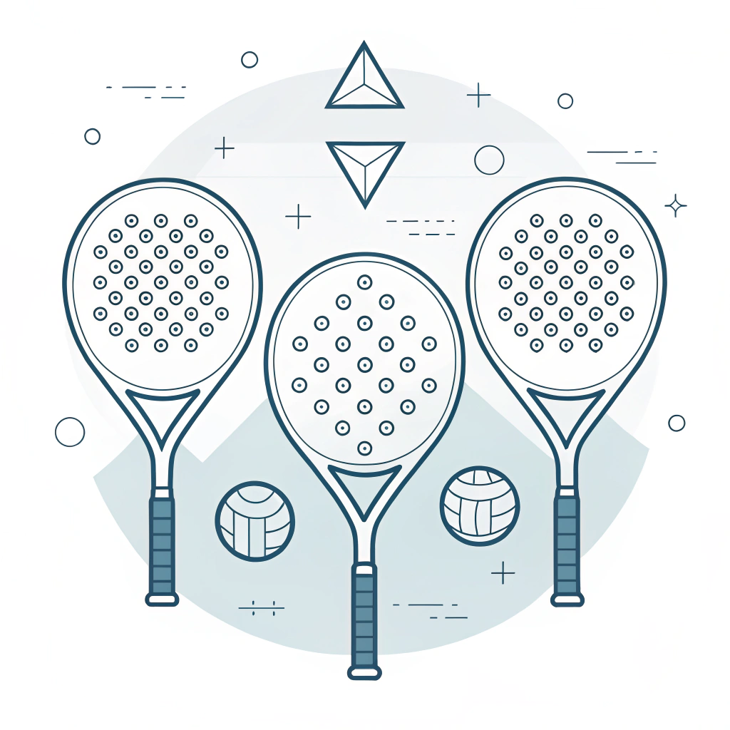 Minimalist flat illustration of three advanced padel racket shapes and technical design elements