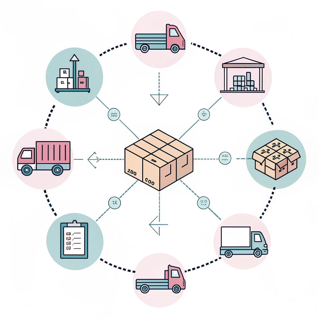 Minimalist illustration showing interconnected supply chain and logistics coordination in a modern flat style