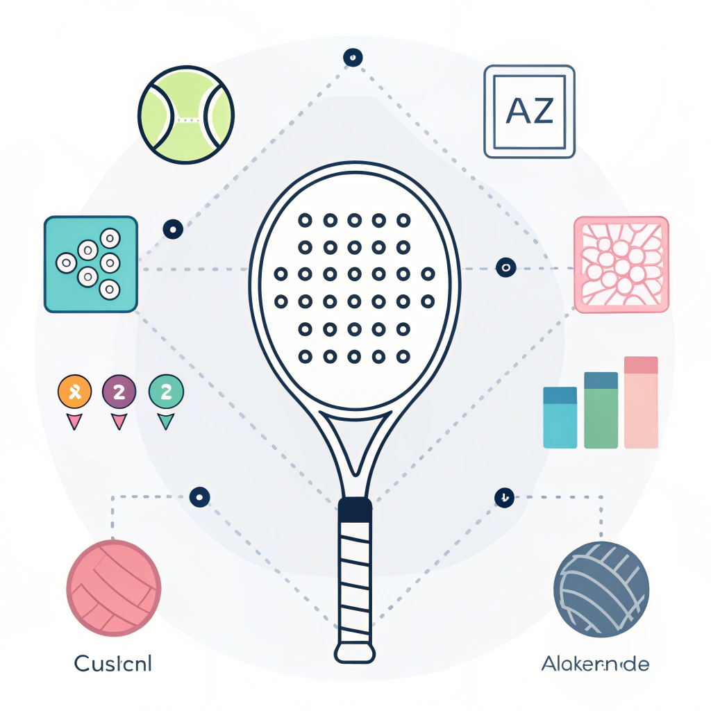 Illustration showcasing customizable padel racket design with color swatches and branding accents.