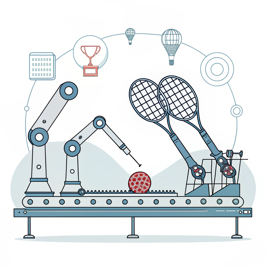 Minimalist vector illustration of robotic padel production and digital customization.