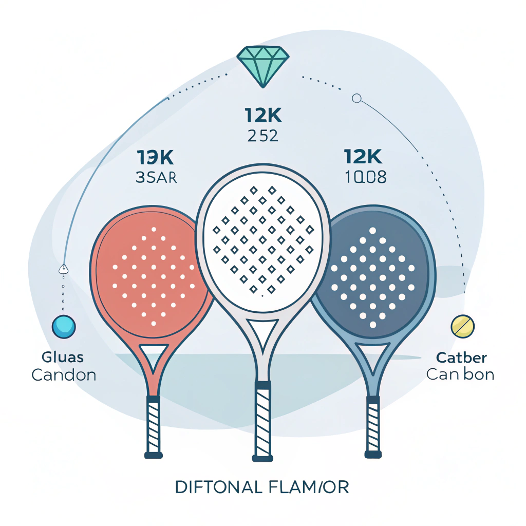 Flat 2D minimalist illustration of various padel racket shapes and materials.