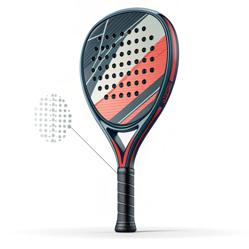 Stylized padel racket illustration featuring visible carbon fiber composite layers